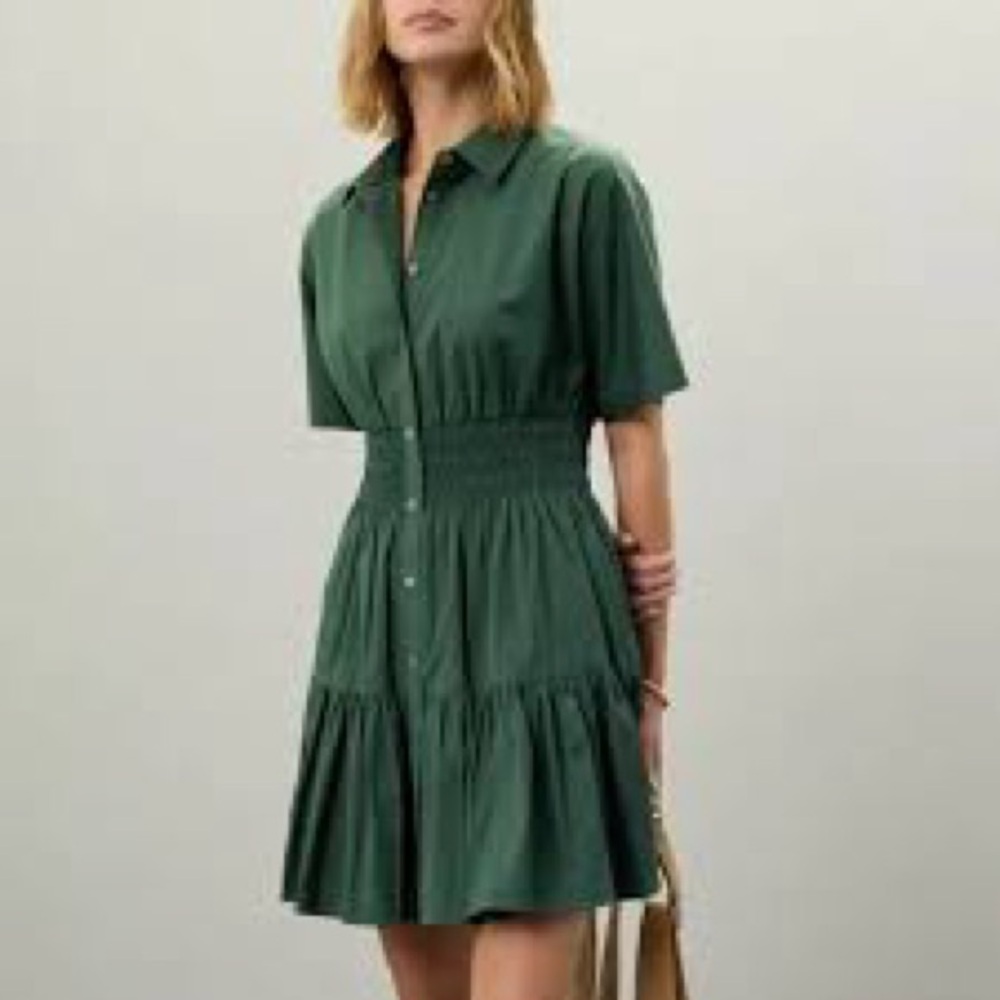 Veronica Beard Forest Green Short Sleeve Smocked Waist Mini Dress